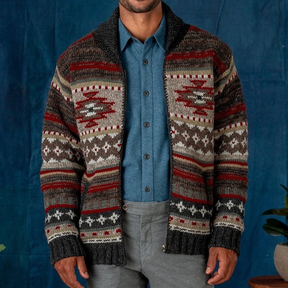 Handmade mens wool cardigan southwest geometric design fleece lined pockets XXL - Picture 2 of 6